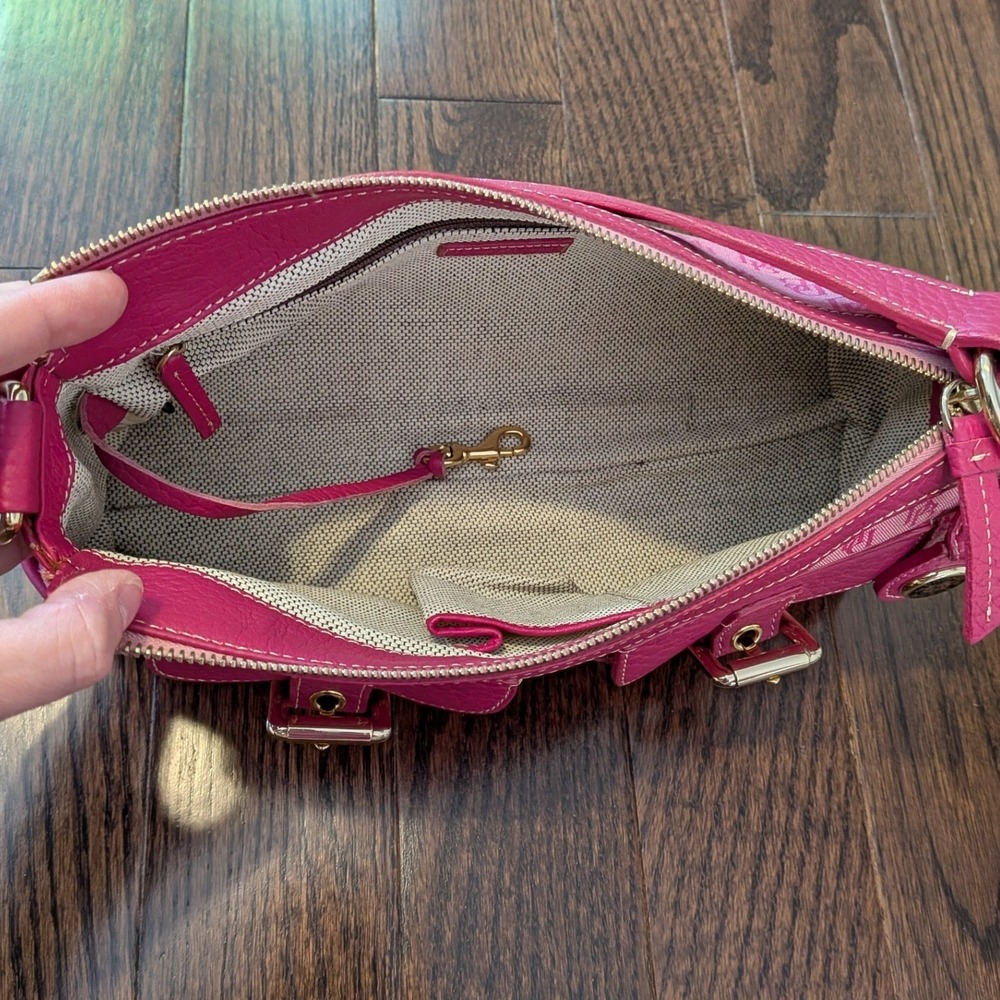 Vintage Dooney & Bourke Pink Y2K DB Monogram Canvas Leather Buckle Shoulder Bag - Picture 14 of 16